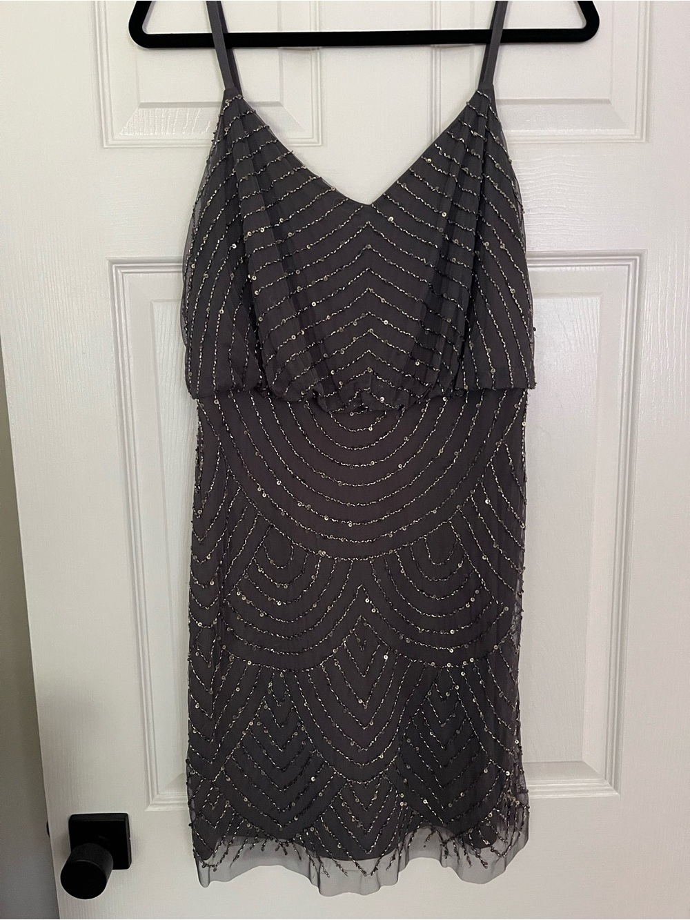 Adrianna Papell Charcoal Beaded Spaghetti-Strap Mini Dress